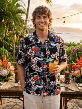 Vtg 90s Avanti hawaiian silk shirt aloha black floral luau